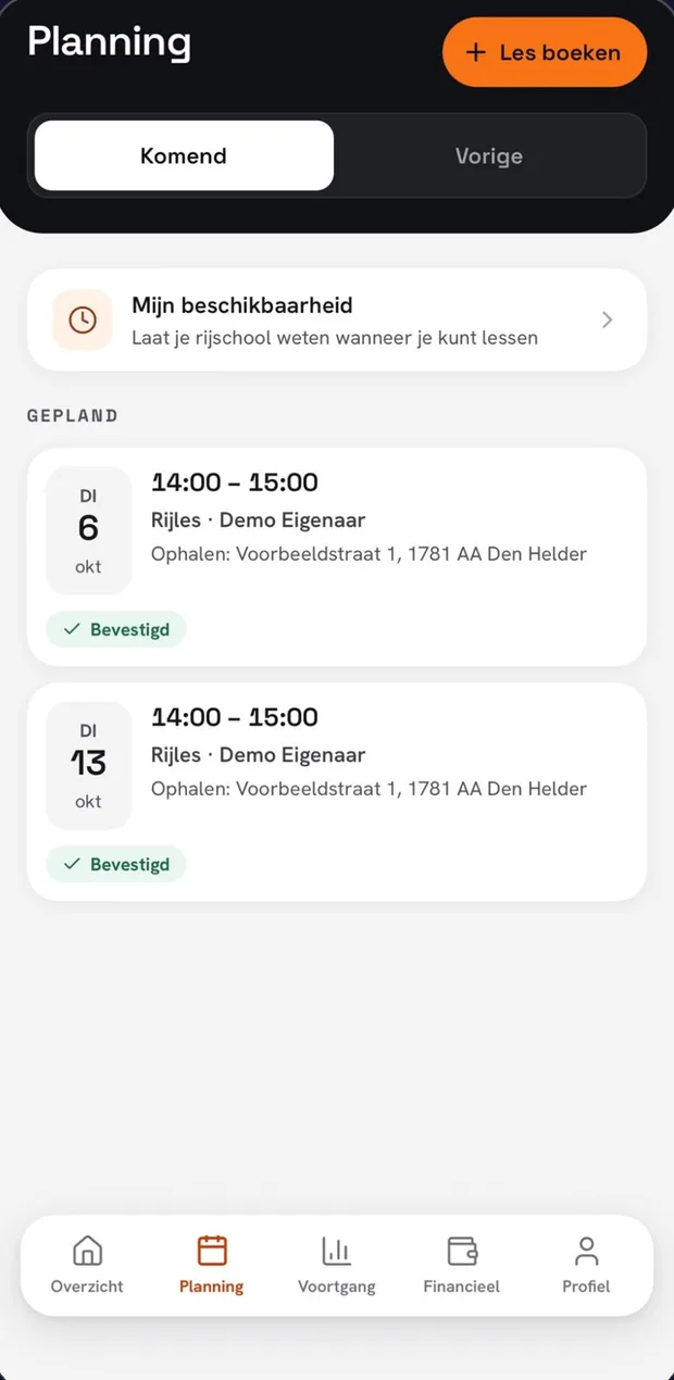 Leerlingenapp, planning: komende lessen en een les boeken