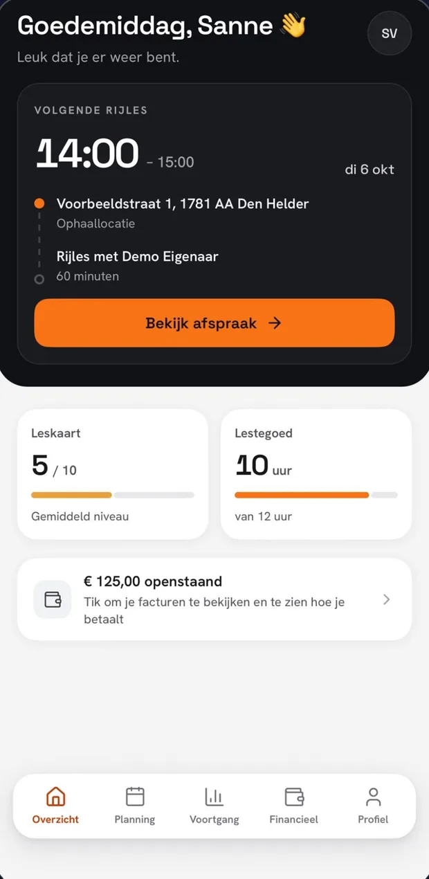 De leerlingenapp: volgende rijles, leskaart, lestegoed en wat er nog openstaat.